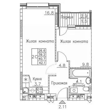 2-к кв. Приморский край, Владивосток ул. Расула Гамзатова, 7к1 (42.1 ...