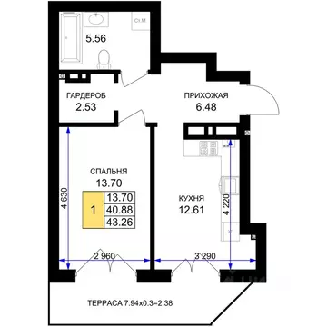 1-к кв. Калининградская область, Гурьевск Включи жилой комплекс (43.26 ...