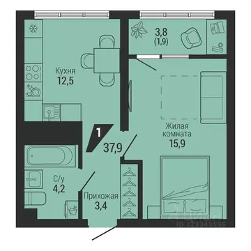 1-к кв. Свердловская область, Екатеринбург Вторчермет жилрайон,  (37.9 ...