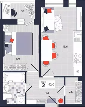 2-к кв. Тульская область, Тула ул. Академика Насоновой, 1А (42.0 м)