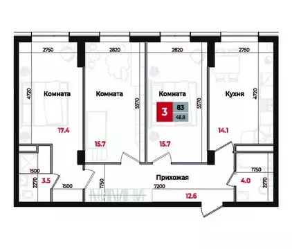 3-к кв. Ставропольский край, Невинномысск Новая ул., 1 (83.0 м)