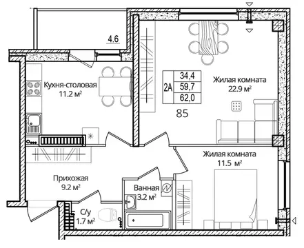 2-к кв. Псковская область, Псковский район, Завеличенская волость, д. ...
