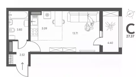 Студия Липецкая область, Липецк ул. Перова, 1 (27.37 м)