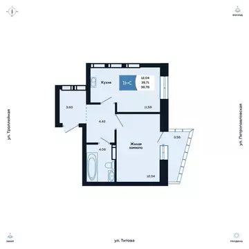 1-комнатная квартира: Новосибирск, улица Титова, 48 (36.87 м)