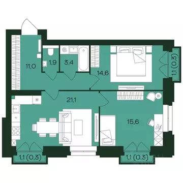 2-к кв. Чувашия, Чебоксары просп. Чебоксарский (69.2 м)