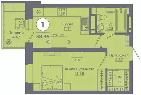 1-к кв. Ростовская область, Ростов-на-Дону ул. Еременко, 113 (38.02 м)