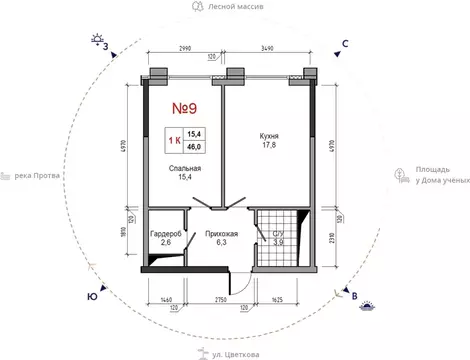 1-к кв. Калужская область, Обнинск ул. Усачева (46.0 м)
