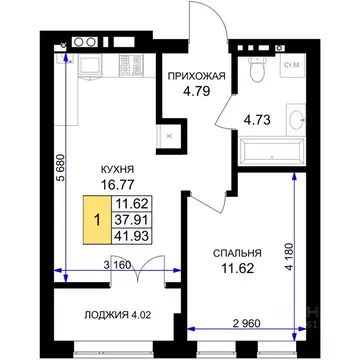 1-к кв. Калининградская область, Гурьевск Включи жилой комплекс (41.93 ...