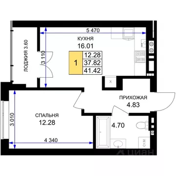 1-к кв. Калининградская область, Гурьевск Включи жилой комплекс (41.42 ...