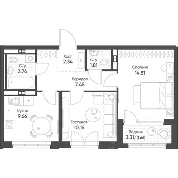 2-к кв. Свердловская область, Екатеринбург бул. Вдохновения, 4 (51.2 ...
