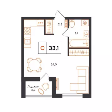 Квартира-студия: Тюмень, микрорайон ДОК (33.1 м)