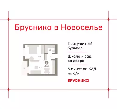 1-комнатная квартира: городской посёлок Новоселье, ЖК Брусника (44.47 ...