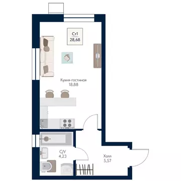 Студия Московская область, Мытищи Бархат жилой комплекс (28.68 м)