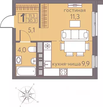 Студия Пермский край, Пермь ул. Серебристая, 5 (30.3 м)