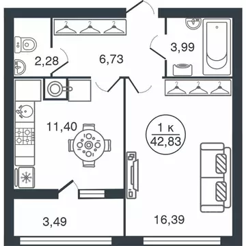 1-к кв. Тверская область, Тверь Бурашевское ш., 60 (42.83 м)