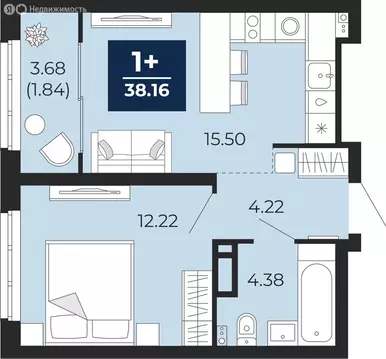 1-комнатная квартира: Тюмень, Ленинский округ, ЖК Беринг (38.16 м)