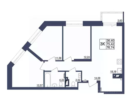 3-к кв. Башкортостан, Уфа Космос жилой комплекс, лит1 (75.99 м)