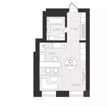 Студия Башкортостан, Уфа Южный-2 мкр,  (30.58 м)