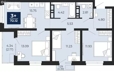 3-комнатная квартира: Тюмень, Арктическая улица, 12 (75.19 м)