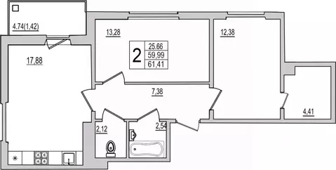 2-к кв. Псковская область, Псков Рижский просп., 94Г (61.41 м)