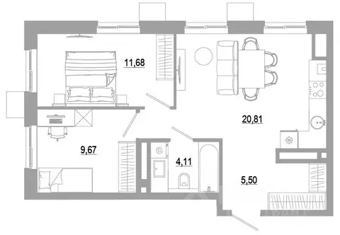 2-к кв. Астраханская область, Астрахань Энергетическая ул. (51.77 м)