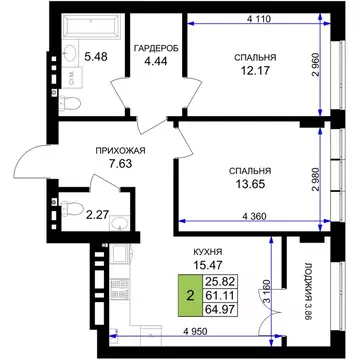 2-к кв. Калининградская область, Гурьевск Включи жилой комплекс (64.97 ...