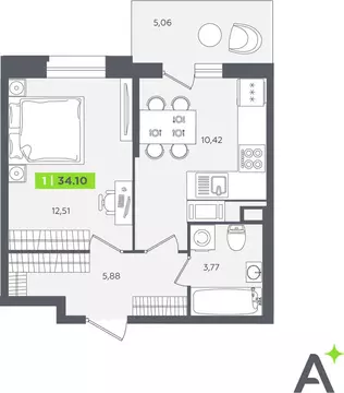 1-комнатная квартира: Кудрово, Солнечная улица, 10к1 (33.8 м)