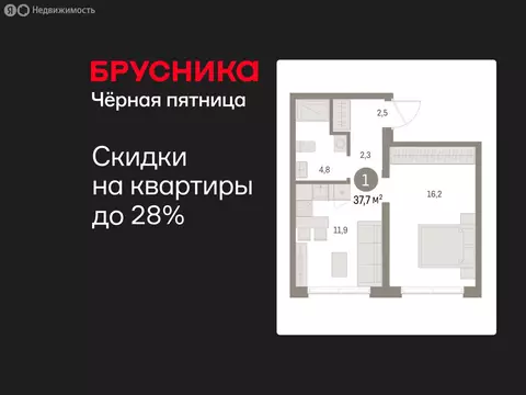 1-комнатная квартира: Екатеринбург, улица Гастелло, 18 (37.65 м)
