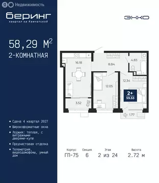 2-комнатная квартира: Тюмень, Ленинский округ, ЖК Беринг (58.29 м)