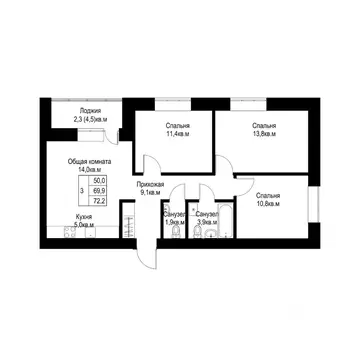 3-к кв. Татарстан, Альметьевск  (72.2 м)