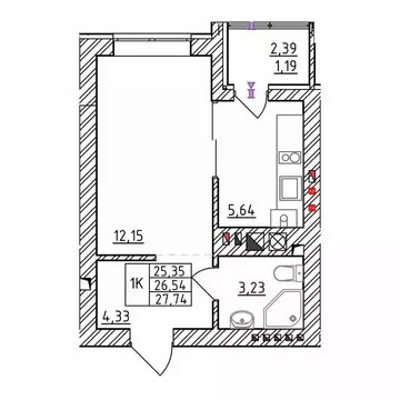 1-к кв. Калининградская область, Зеленоградск  (27.74 м)