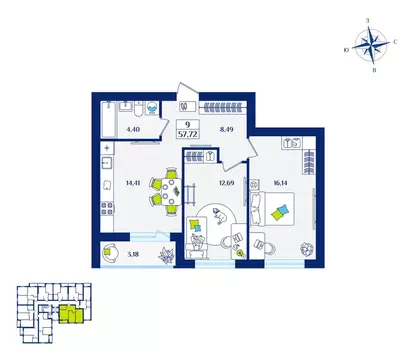 2-к кв. Калининградская область, Зеленоградск  (57.72 м)