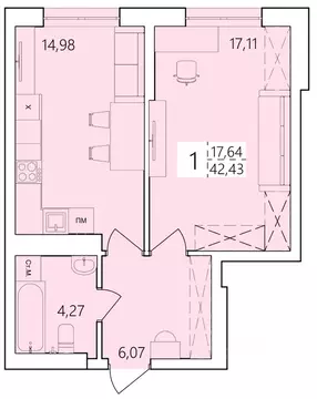 1-к кв. Башкортостан, Уфа ул. Пожарского, 237 (42.43 м)