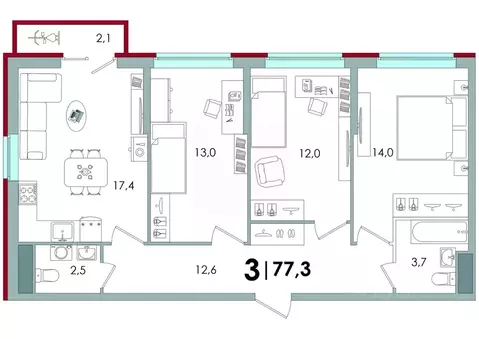3-к кв. Тверская область, Тверь ул. С.Я. Лемешева, 6 (77.3 м)