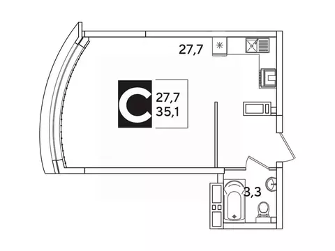 Студия Краснодарский край, Краснодар Самолет-6 жилой комплекс (35.1 м)