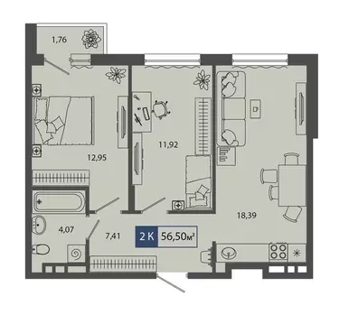 2-комнатная квартира: Тюмень, улица Владимира Соболевского, 5 (56.5 м)