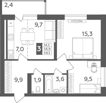 3-к кв. Башкортостан, Уфа ул. Орджоникидзе, 34 (59.3 м)