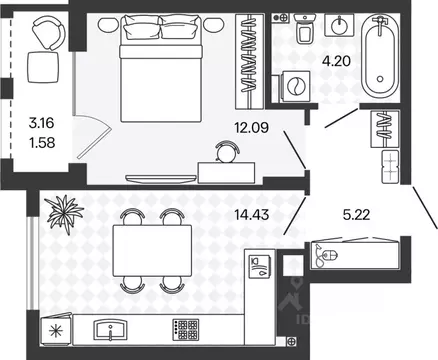 1-к кв. Калининградская область, Гурьевский муниципальный округ, пос. ...