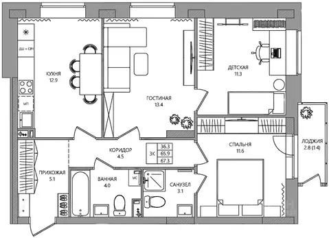 3-к кв. Пермский край, Пермь ул. 3-я Нейвинская, 5 (67.3 м)