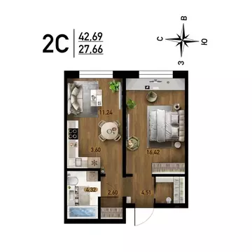 2-к кв. Новосибирская область, Новосибирск ул. Забалуева, с10 (42.69 ...