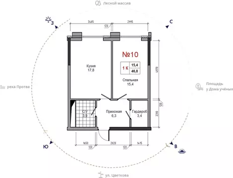 1-к кв. Калужская область, Обнинск ул. Усачева (46.8 м)