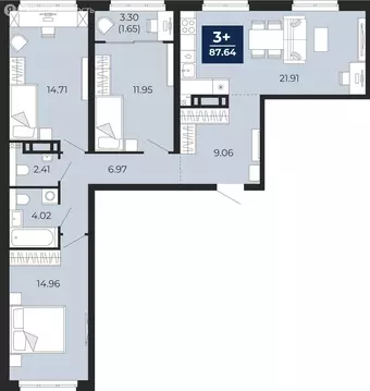 3-комнатная квартира: Тюмень, Камчатская улица, 107к1 (89.29 м)