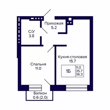 1-комнатная квартира: Новосибирск, 18-й Бронный переулок, 16 (36.3 м)