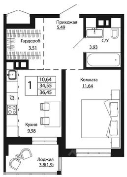 1-к кв. Ростовская область, Ростов-на-Дону ул. Текучева, 370/2 (37.19 ...