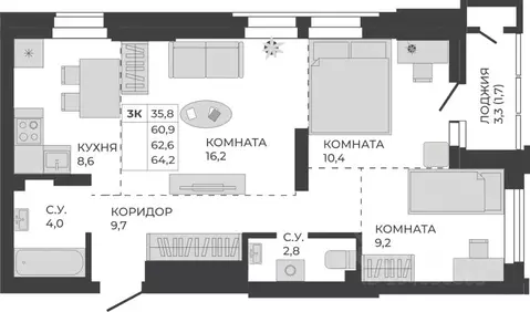 3-к кв. Алтайский край, Барнаул тракт Павловский, 251Б (62.6 м)