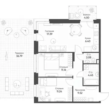 3-к кв. Татарстан, Казань ул. Гаврилова, 7к1 (74.3 м)