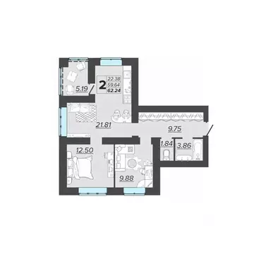 2-к кв. Брянская область, Брянск Архитектор жилой комплекс (62.24 м)