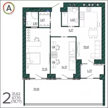 2-к кв. Брянская область, Брянск ул. Ульянова (79.9 м)