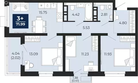 3-комнатная квартира: Тюмень, Арктическая улица, 16 (71.99 м)