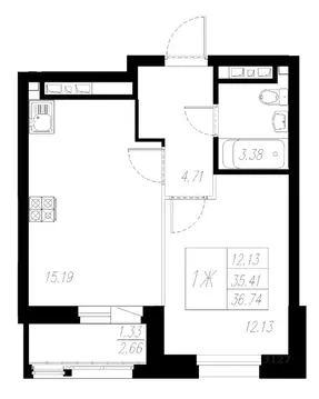 1-к кв. Татарстан, Казань Статный жилой комплекс, 2 (36.74 м)